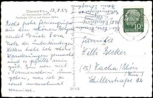 Oberstdorf (Allgäu) Ortspanorama mit Krottenspitzen 2657 m. 1957