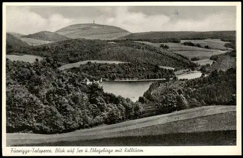 Reblin Fürwigge-Talsperre. Blick auf See u. Ebbegebirge mit Kolbturm 1958