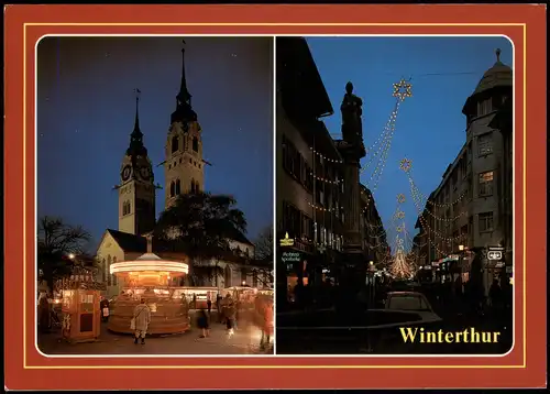 Ansichtskarte Winterthur Stadtteilansicht mit Weihnachts-Beleuchtung 1989