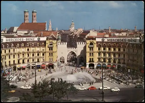 Ansichtskarte München Karlsplatz, VW-Käfer - Mercedes Benz Werbung 1987