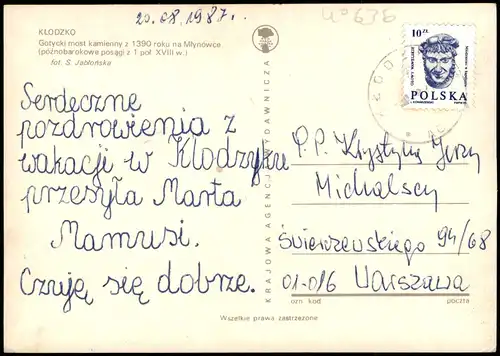 Postcard Glatz Kłodzko Gotycki most kamienny roku na Mlynówce 1987