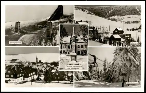 Ansichtskarte Oberwiesenthal Sprungschanze, Seilbahn, Markt im Winter 1960