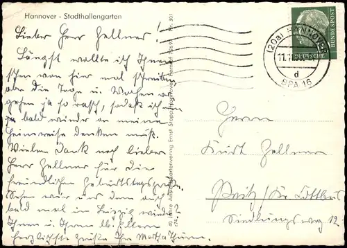 Ansichtskarte Hannover Stadthallengarten 1958