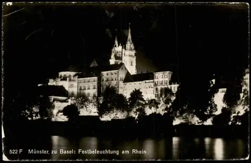 Ansichtskarte Basel Münster Festbeleuchtung am Rhein - Nacht 1958