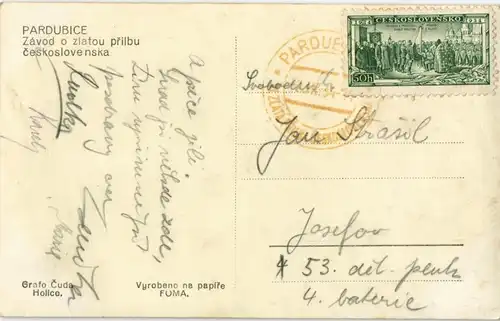 Postcard Pardubitz Pardubice Rennstrecke, Autos Stadion 1934  gel. Sonderstempel