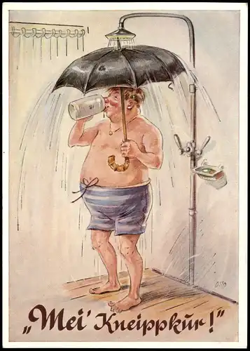 Scherzkarte Mann mit Bier und Regenschirm unter der Deusche "Mei Kneippkur" 1987