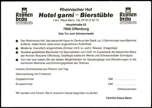 Ansichtskarte Offenburg Hotel garni - Bierstüble - 2 Bild 1981