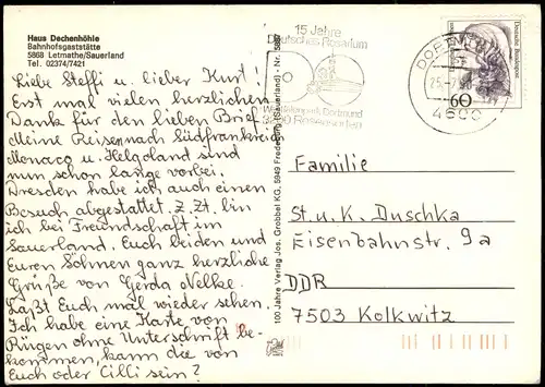 Ansichtskarte Letmathe-Iserlohn Haus Dechenhöhle - Bahnhofsgaststätte 1990