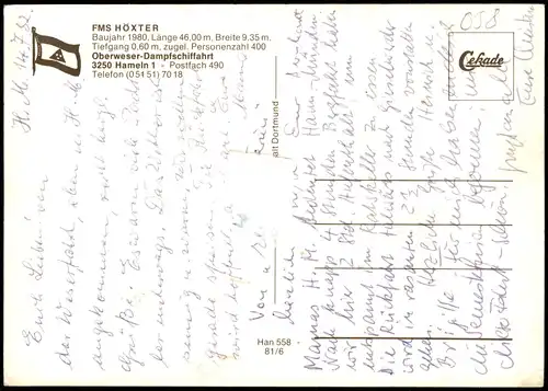 Fahrgastschiff Schiff FMS HÖXTER Oberweser Dampfschiffahrt 1981