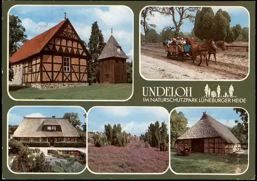 Ansichtskarte Undeloh Kirche, Bauernhäuser, Fuhrwerk 1982