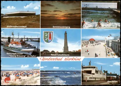 Ansichtskarte Borkum Wellenschwimmbad, Sonnenuntergang, Rettungskreuzer 1983