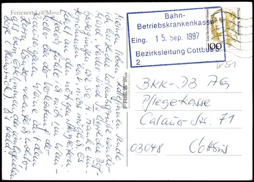 Ansichtskarte Löf  Mosel  1997  gel. Stempel Bahn Betriebskrankenkasse