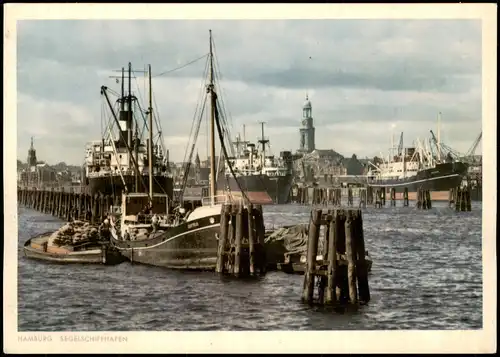 Ansichtskarte Hamburg Segelschiffhafen mit Kehrwiederspitze 1956
