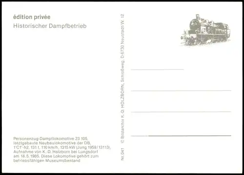 Ansichtskarte  Dampflokomotive Personenzug-Dampflok Typ 23 bei Lungsdorf 1985