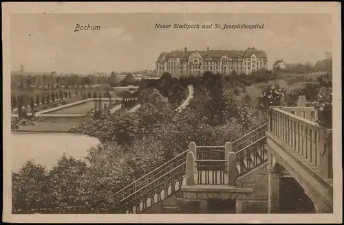 Ansichtskarte Bochum Neuer Stadtpark und St. Josephshospital 1915  gel. Feldpost