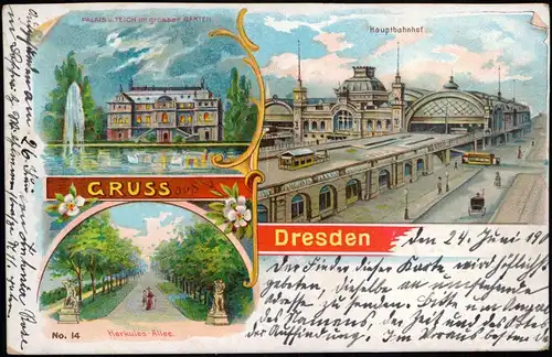Litho AK Seevorstadt-Dresden Hauptbahnhof, Palais, Herkules Allee 1901
