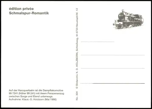 Ansichtskarte  Harzquerbahn Dampflokomotive zwischen Sorge und Elend 1990