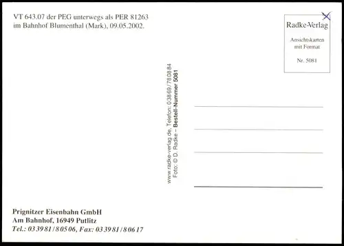 Eisenbahn-Bahn-Wesen & Verkehr: VT der PEG im Bahnhof Blumenthal (Mark) 2002