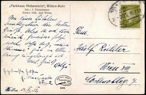 Ansichtskarte Witten (Ruhr) Luftbild „Parkhaus Hohenstein“ 1932 Bahnpoststempel