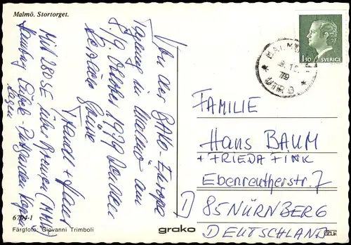Postcard Malmö Stortorget 1979