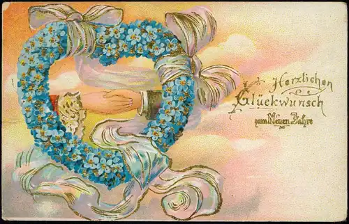 Ansichtskarte  Neujahr Sylvester New Year Blumenherz - Goldprägekarte 1903