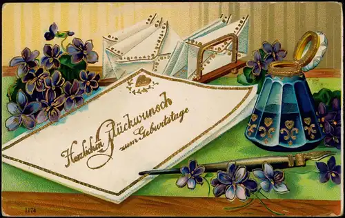 Glückwunsch Geburtstag Birthday Feilchen Brief Goldprägekarte 1908