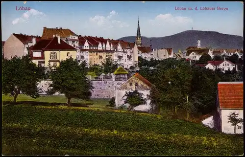 Ansichtskarte Löbau Stadtpartie und Löbauer Berg 1915  gel. Feldpost