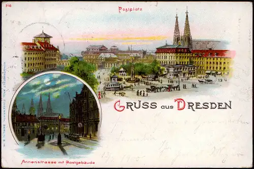 Litho AK Innere Altstadt-Dresden Postplatz und Annenstraße bei Nacht 1900