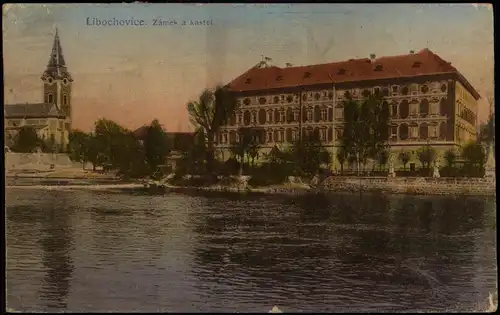 Postcard Libochovice Zámek a kostel. 1923