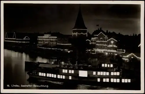 Ansichtskarte Lindau (Bodensee) Hafen bei Nacht - Festbeleuchtung 1932