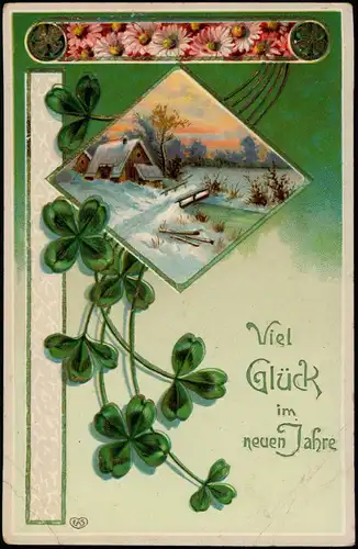 Ansichtskarte  Neujahr Sylvester New Year Jugenstil-Prägekarte Kleeblatt 1912