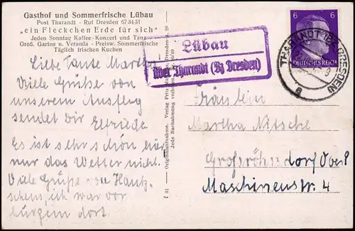 Ansichtskarte Lübau-Rabenau Waldweg 1941  gel. Landpoststempel über Tharandt