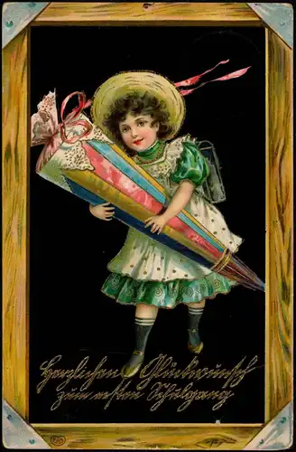 Glückwunsch - Schulanfang/Einschulung Mädchen mit Zuckertüte Prägekarte 1911