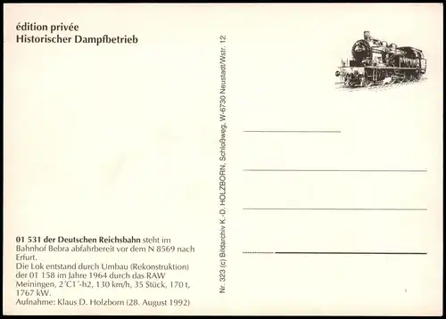 Verkehr & Eisenbahn alte Lok 01 531 Dt. Reichsbahn im Bahnhof Bebra 1992