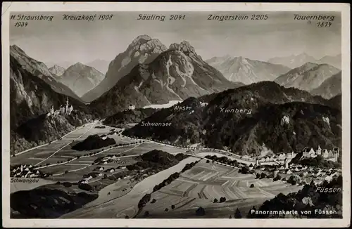Ansichtskarte Füssen Künstlerkarte Stadt und Umgebung 1931