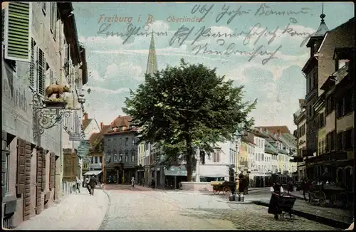 Ansichtskarte Freiburg im Breisgau Straße, Gasthaus - Oberlinden 1915