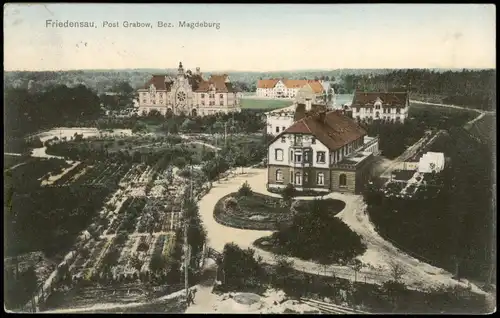 Ansichtskarte Friedensau-Möckern Panorama-Ortsansicht 1910  (Bahnpoststempel)