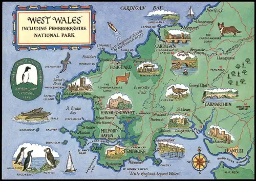 Wales   Landkarte Map West-Wales mit NATIONAL PARK  PEMBROKESHIRE 1980