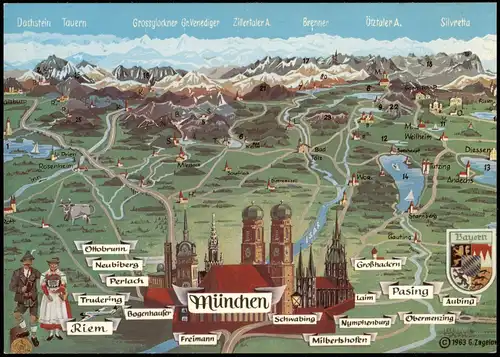 Ansichtskarte München Umland-Ansicht mit Alpen-Region & Bergen 1970