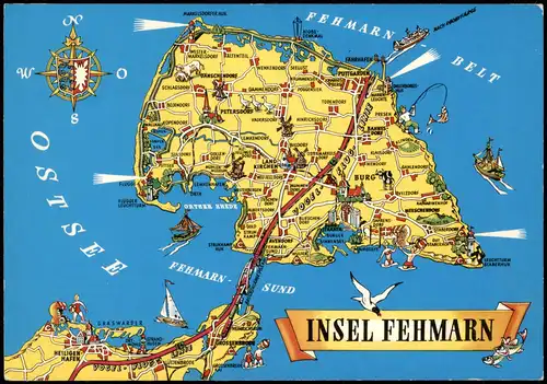 Fehmarn (Insel) Insel-Ansicht als Landkarte, Ostsee, Fehmarn-Belt 1975