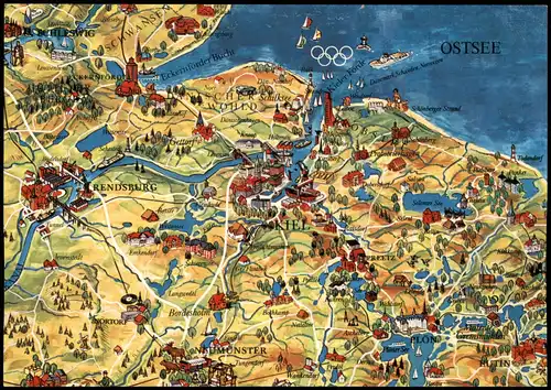 Kiel Umland-Ansicht als Landkarte Region rd. um Kiel Ostsee 1970