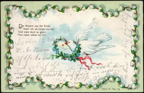 Künstlerkarte Brieftaube, Herz Liebe Weidenkätzchen Rahmung 1905