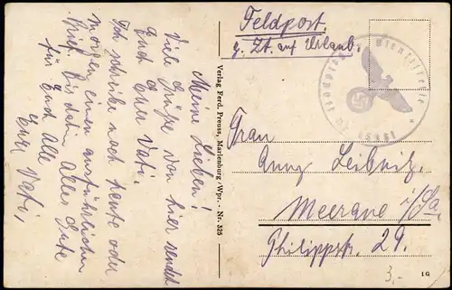 Postcard Marienburg Malbork Schloss/Ordensburg 1941  gel. Feldpost 2. WK