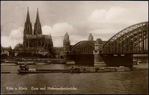 Ansichtskarte Köln Hohenzollernbrücke, Dom, Schleppschiffe Rheindampfer 1929