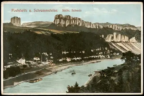 Postelwitz-Bad Schandau Ortspanorama, Elbe Schrammsteine Sächs. Schweiz 1910