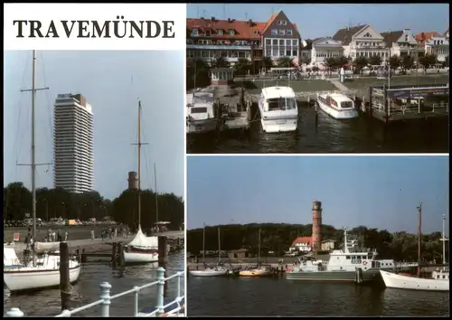 Travemünde-Lübeck Mehrbildkarte 3 Ortsansichten mit Schiffen 2000