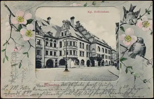 Ansichtskarte München Hofbräuhaus Vögel und Zweige 1903 Passepartout