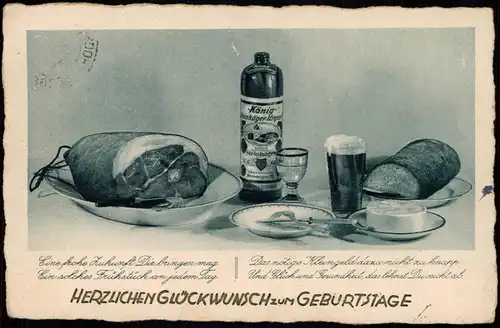 Glückwunsch Geburtstag Birthday Schinken Brot König Steinhäger Urquell 1939