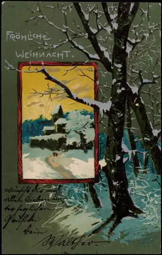 Weihnachten - Christmas, Künstlerkarte Sonne über der Kirche 1902