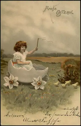 Glückwunsch Ostern / Easter - Rieseneierschale Mädchen und Küken 1905